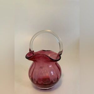 Pilgrim Glass Cranberry Basket with Clear Handle. 5 1/5”